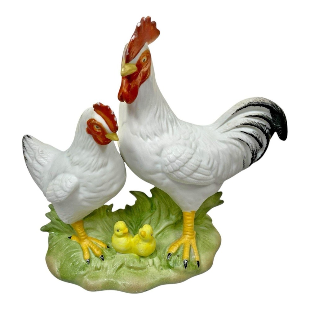 Vintage Homco Rooster Hen & Chicks Figurine Rustic Farmhouse Country Decor